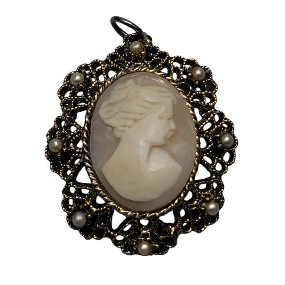 Vermeil Carved Shell Cameo Pendant Faux Pearl Accent Gold Tone Sterling Silver - Picture 13 of 14